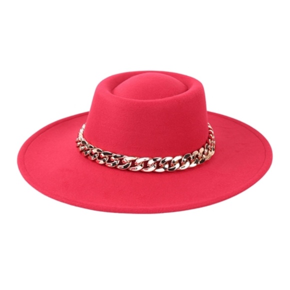 Goin Some Wear Accessories - Red Wide Brim Bolero Felt Fedora Panama Hat with a Fashionable Gold Chain Accent